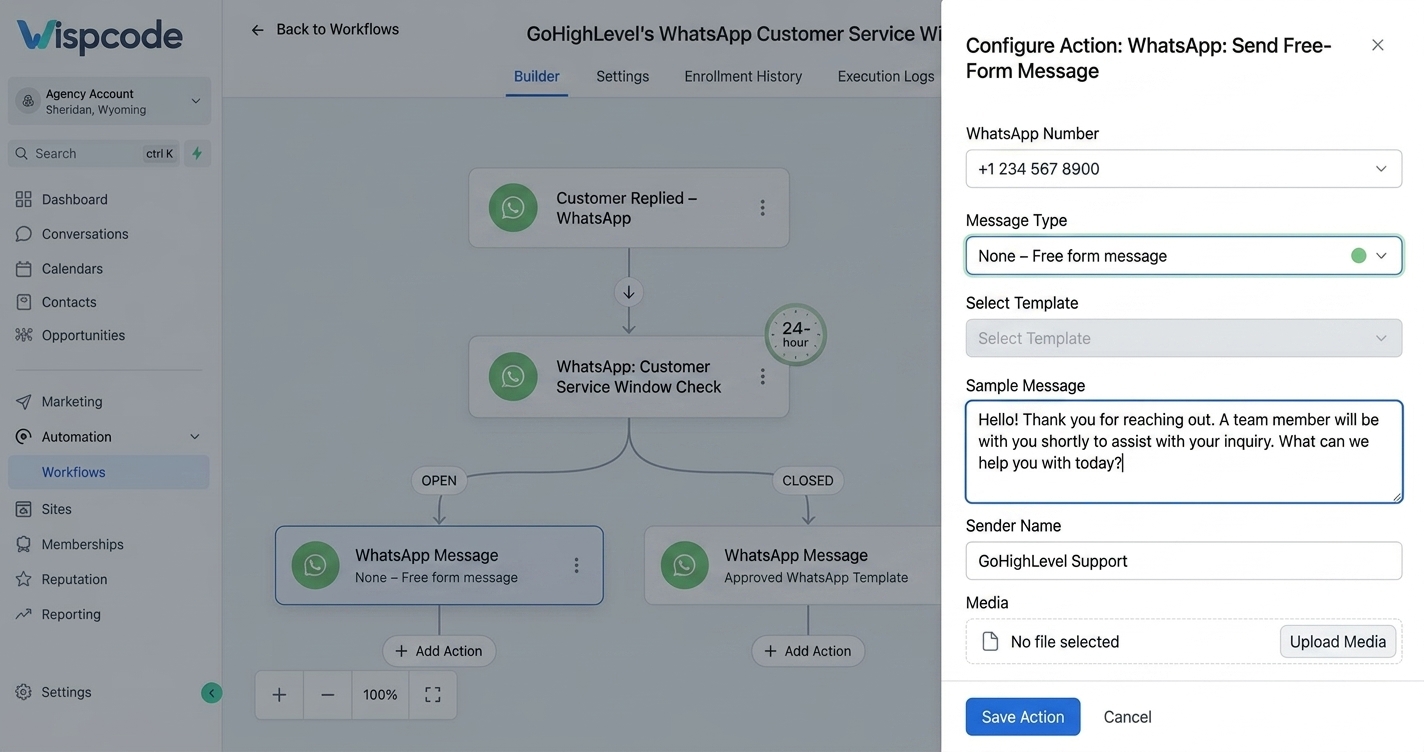 GoHighLevel WhatsApp free form message setup GoHighLevel WhatsApp free form message setup