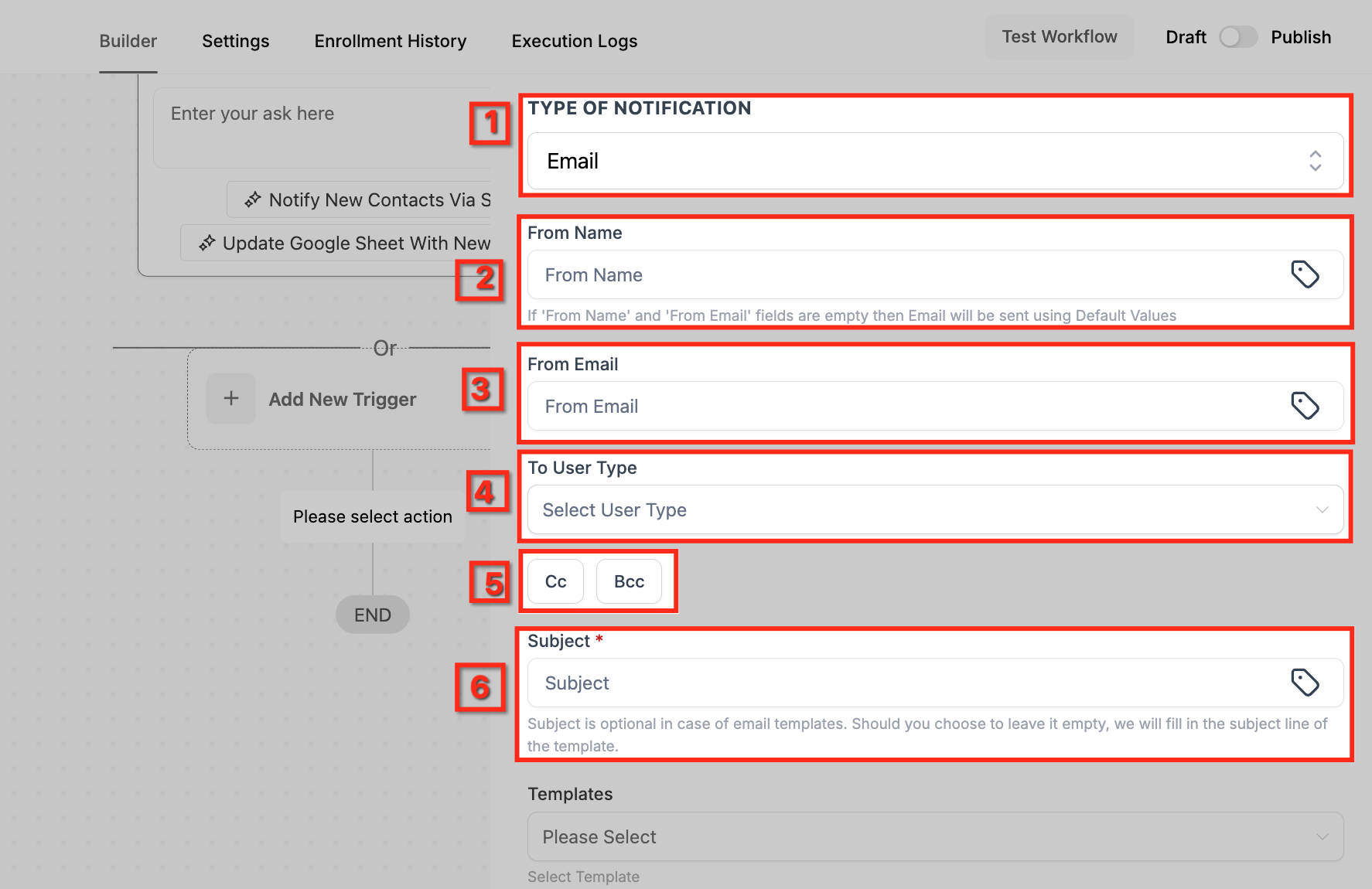 GoHighLevel Internal Notification panel set to Email showing numbered fields for Type of Notification, From Name, From Email, To User Type, Cc and Bcc buttons and a Subject field GoHighLevel Internal Notification panel set to Email showing numbered fields for Type of Notification, From Name, From Email, To User Type, Cc and Bcc buttons and a Subject field