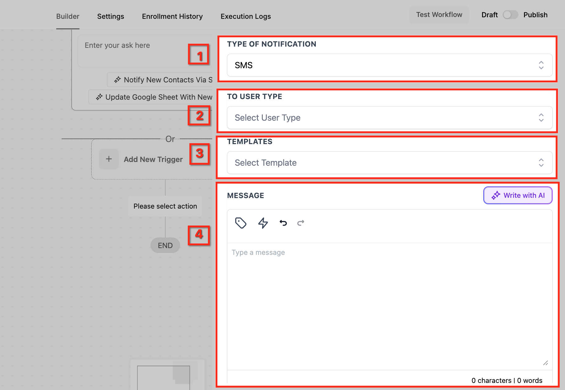 GoHighLevel Internal Notification panel set to SMS showing numbered fields for Type of Notification, To User Type, Templates and a Message editor with a Write with AI button GoHighLevel Internal Notification panel set to SMS showing numbered fields for Type of Notification, To User Type, Templates and a Message editor with a Write with AI button