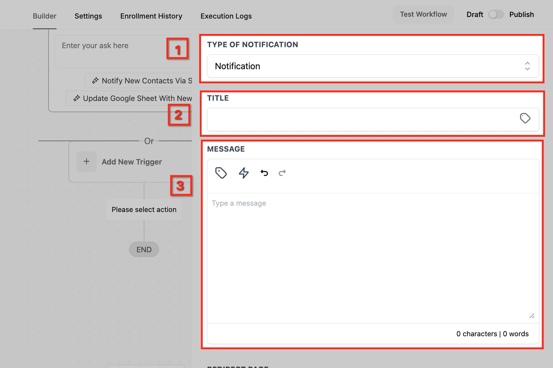 GoHighLevel Internal Notification panel set to Notification showing the Type of Notification field, an empty Title field with a merge field tag icon and a Message editor with a word counter GoHighLevel Internal Notification panel set to Notification showing the Type of Notification field, an empty Title field with a merge field tag icon and a Message editor with a word counter