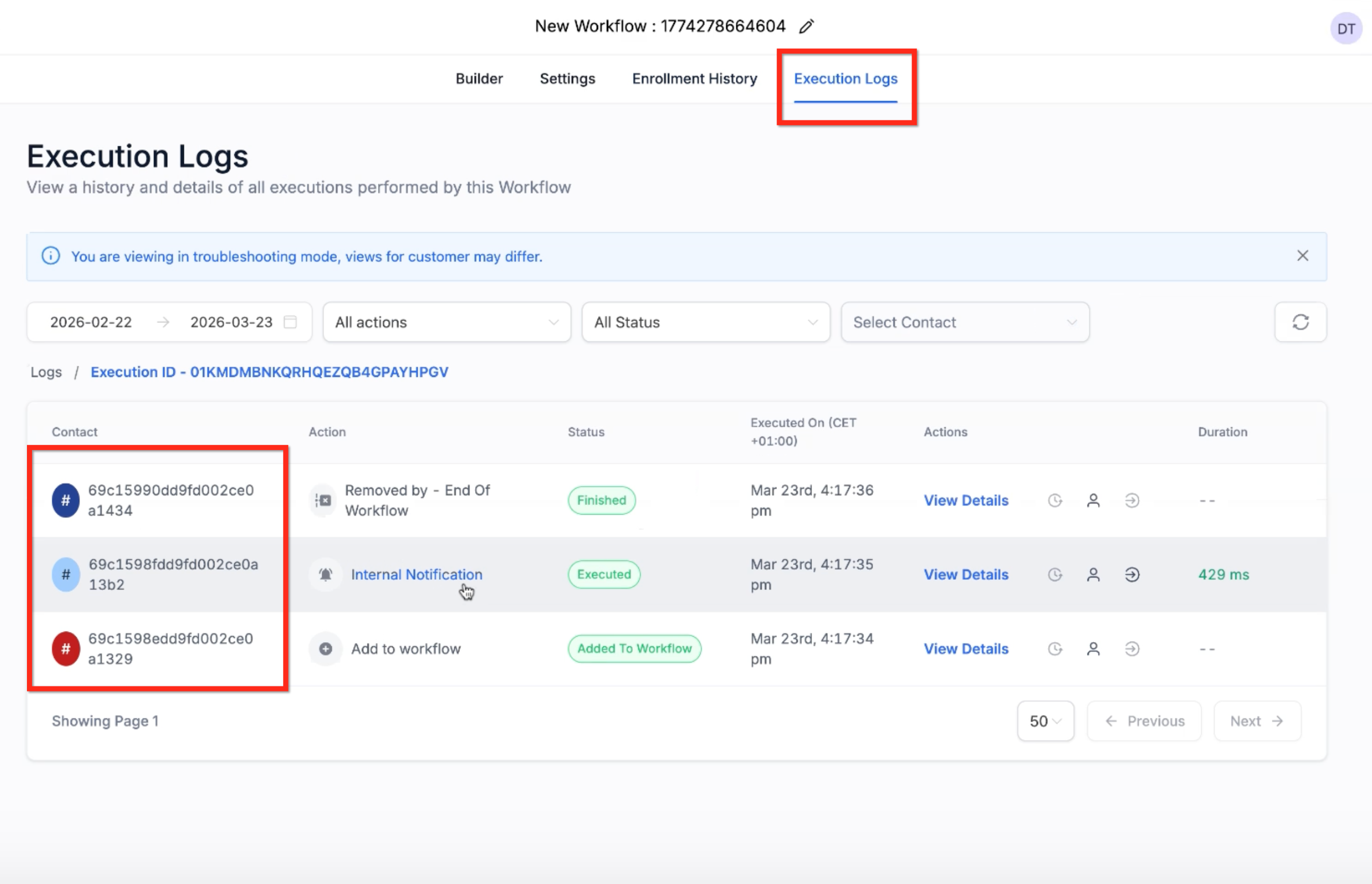 GoHighLevel Execution Logs screen showing three workflow steps for one run, with an Internal Notification row marked Executed in green, a duration of 429 milliseconds and alphanumeric identifiers where contact names would normally be GoHighLevel Execution Logs screen showing three workflow steps for one run, with an Internal Notification row marked Executed in green, a duration of 429 milliseconds and alphanumeric identifiers where contact names would normally be
