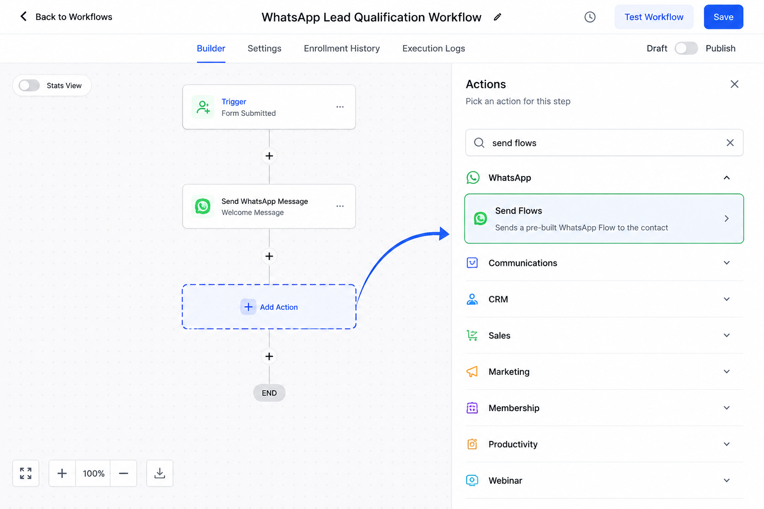 GoHighLevel workflow builder showing the Send Flows action for WhatsApp automation GoHighLevel workflow builder showing the Send Flows action for WhatsApp automation