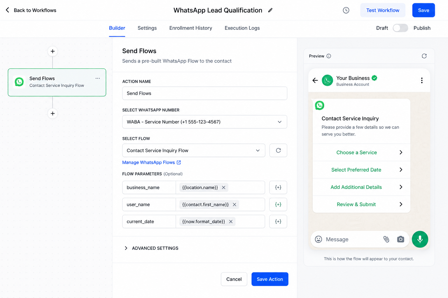 GoHighLevel Send Flows action configured with a pre-built WhatsApp Flow in a workflow GoHighLevel Send Flows action configured with a pre-built WhatsApp Flow in a workflow
