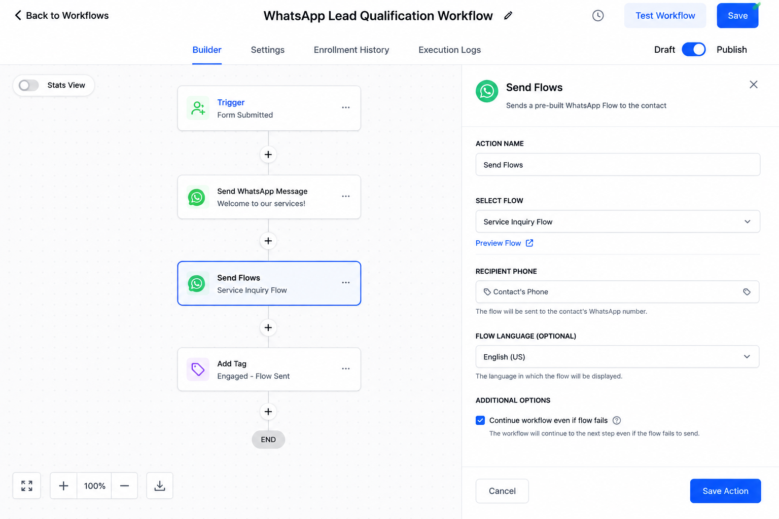 GoHighLevel workflow showing the Send Flows action configured for a WhatsApp Flow GoHighLevel workflow showing the Send Flows action configured for a WhatsApp Flow