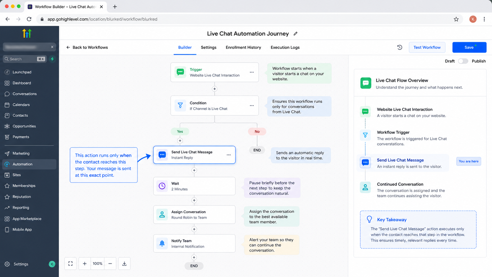 GoHighLevel automation flow from Live Chat interaction to Send Live Chat Message action