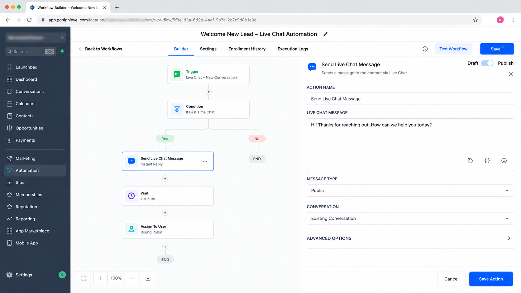 GoHighLevel Send Live Chat Message workflow action configuration