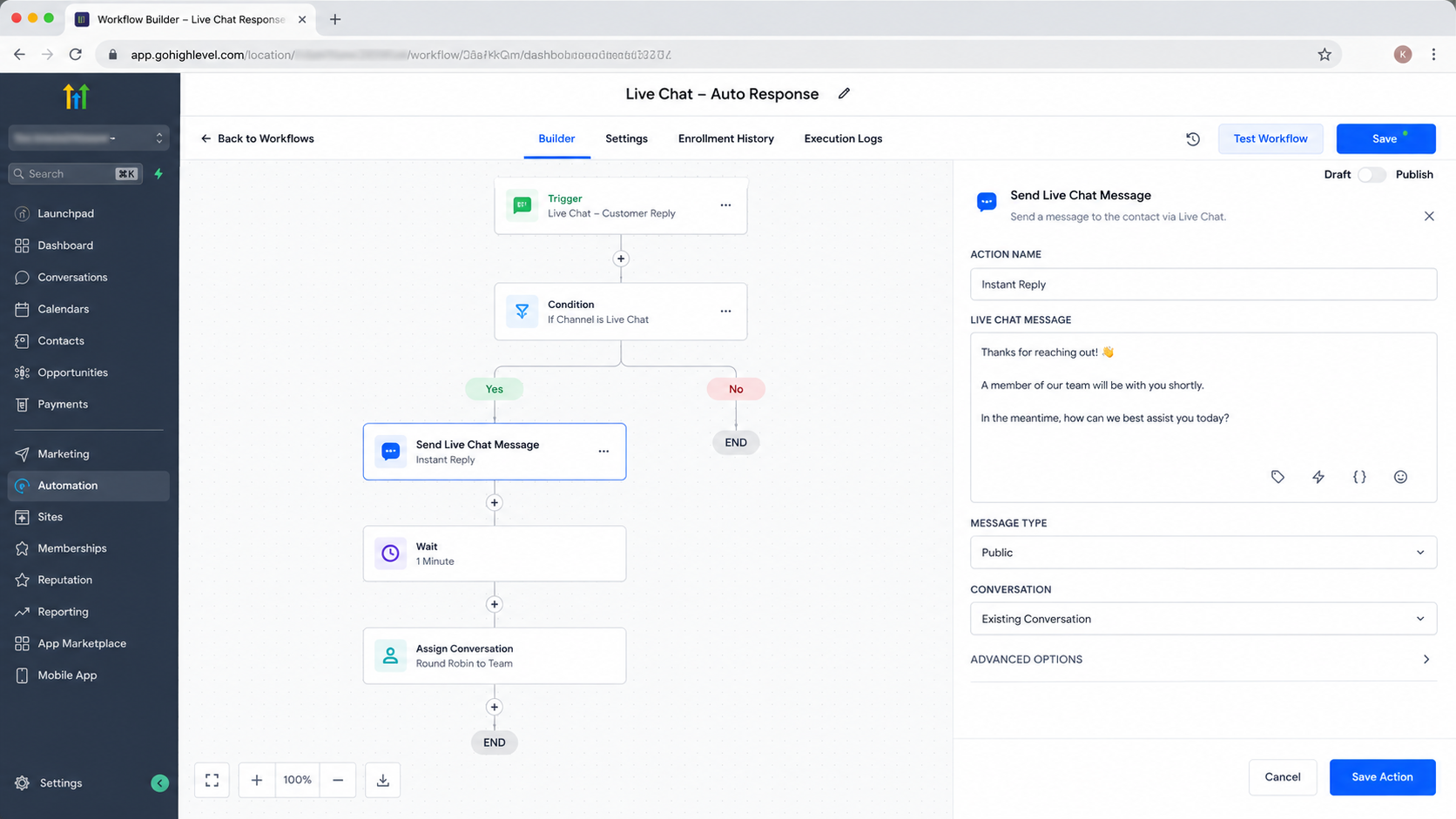GoHighLevel Workflow Builder showing the Send Live Chat Message action in an automation
