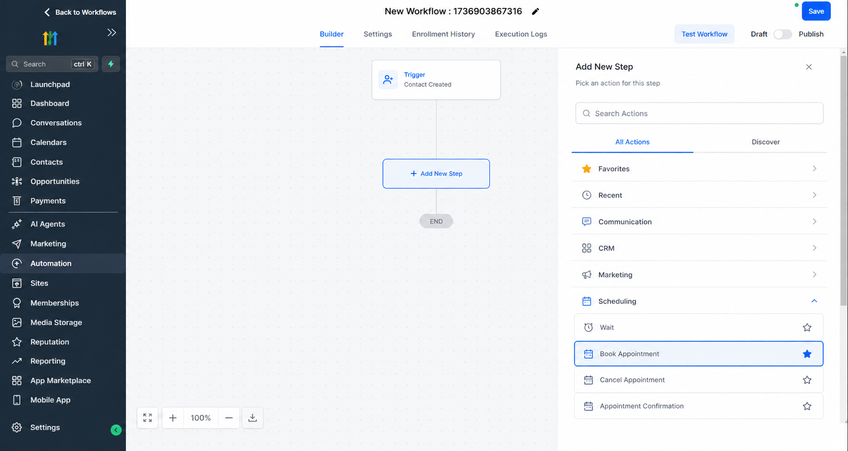 GoHighLevel Workflow Builder showing the Book Appointment action in the Add Action menu