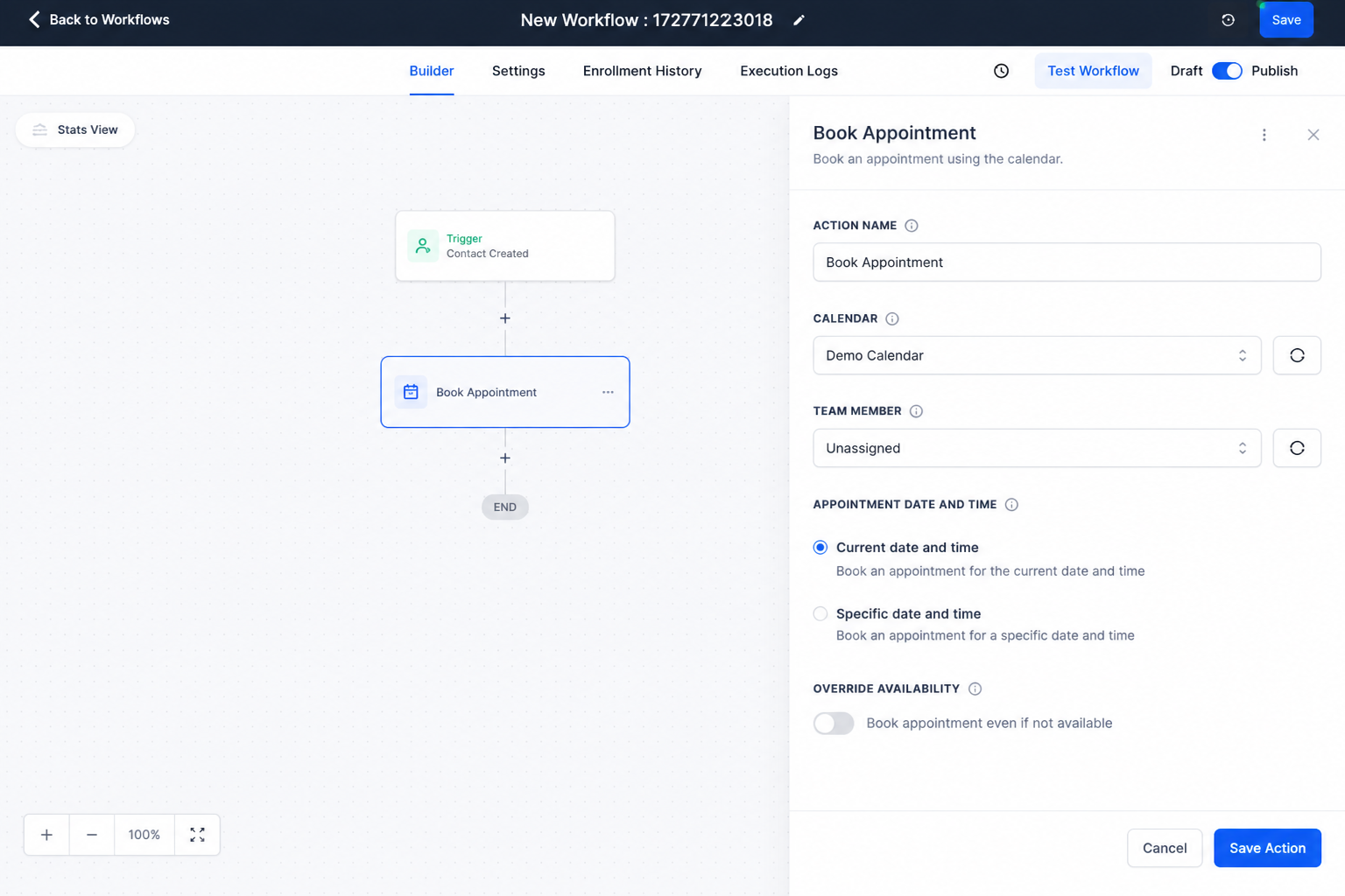 GoHighLevel Book Appointment action configuration showing calendar, team member, date and time settings