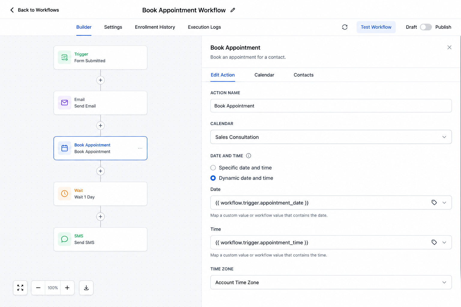 GoHighLevel Book Appointment action showing dynamic appointment date and time configuration
