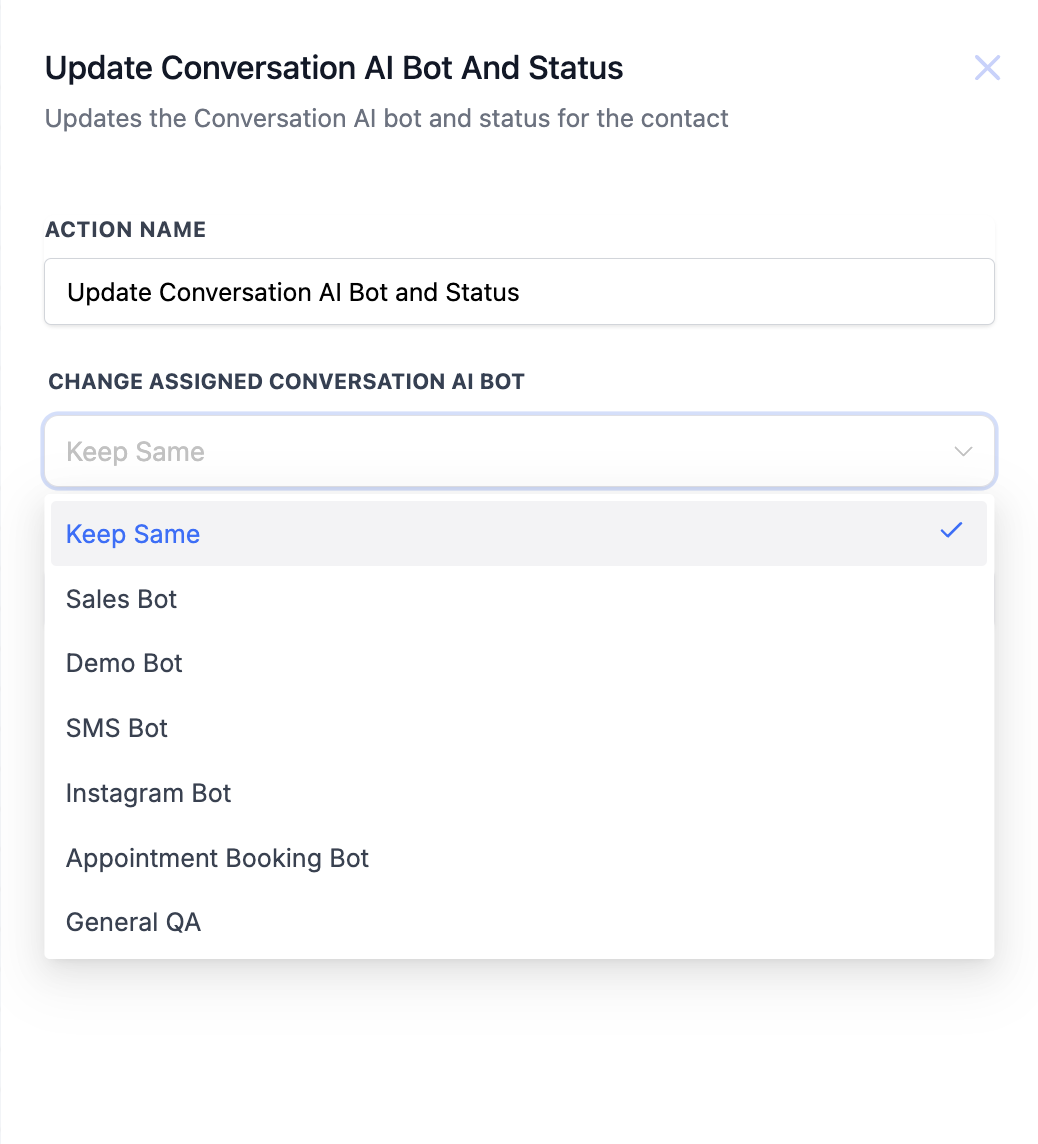 GoHighLevel workflow panel titled Update Conversation AI Bot And Status with the subtitle Updates the Conversation AI bot and status for the contact, an Action Name field and the Change Assigned Conversation AI Bot dropdown open showing Keep Same, Sales Bot, Demo Bot, SMS Bot, Instagram Bot, Appointment Booking Bot and General QA