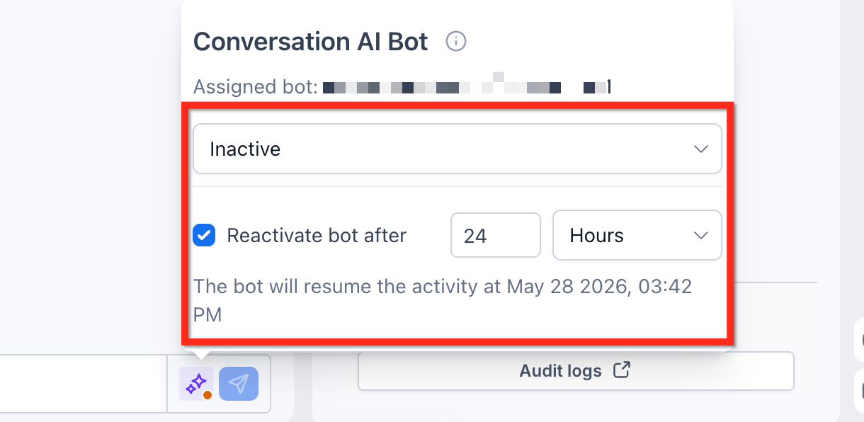 	GoHighLevel Conversation AI Bot panel set to Inactive with a ticked box reading Reactivate bot after 24 Hours and a line underneath saying the bot will resume the activity at May 28 2026 03:42 PM