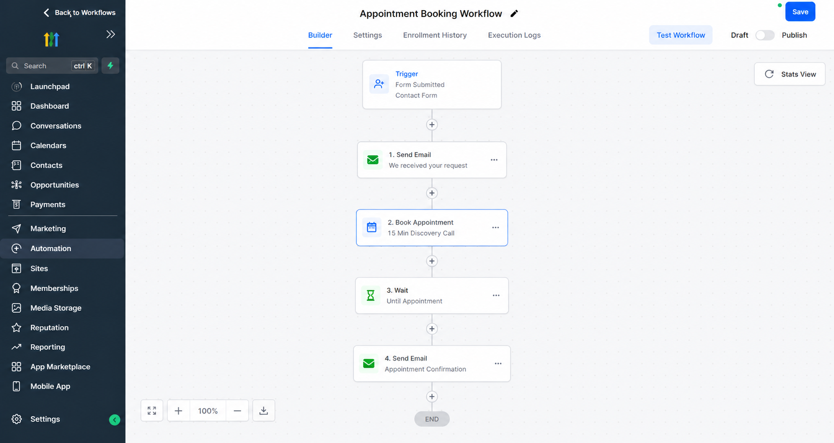 GoHighLevel Workflow showing the Book Appointment action as part of an automated scheduling process