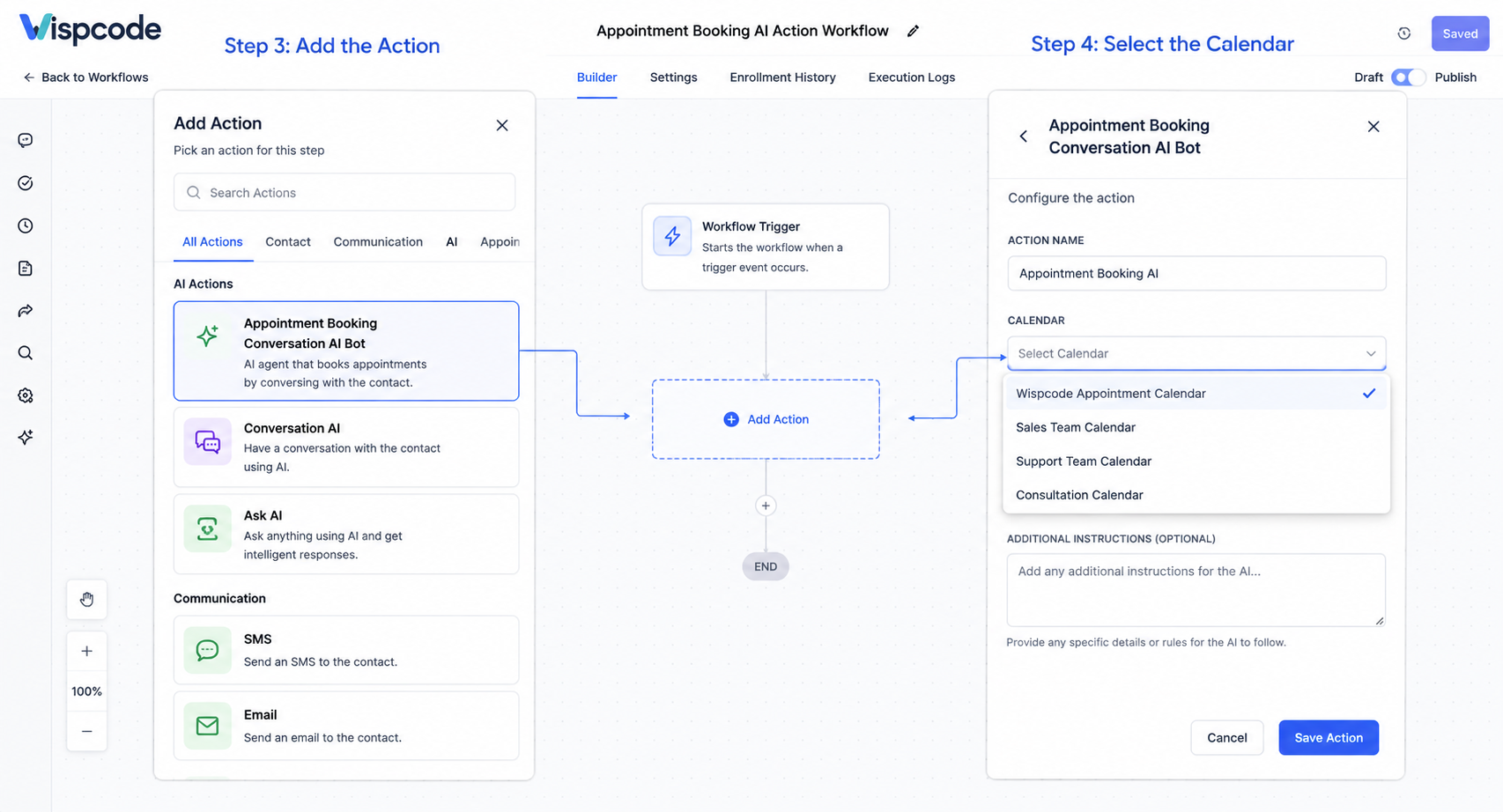 Selecting AI booking action and calendar Selecting AI booking action and calendar
