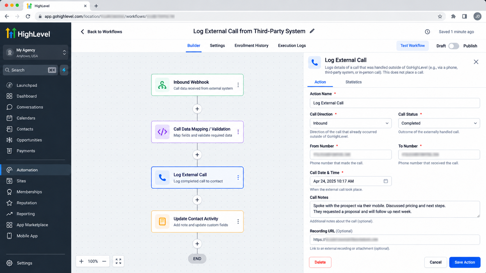 GoHighLevel workflow showing the Log External Call action for a call handled outside the platform