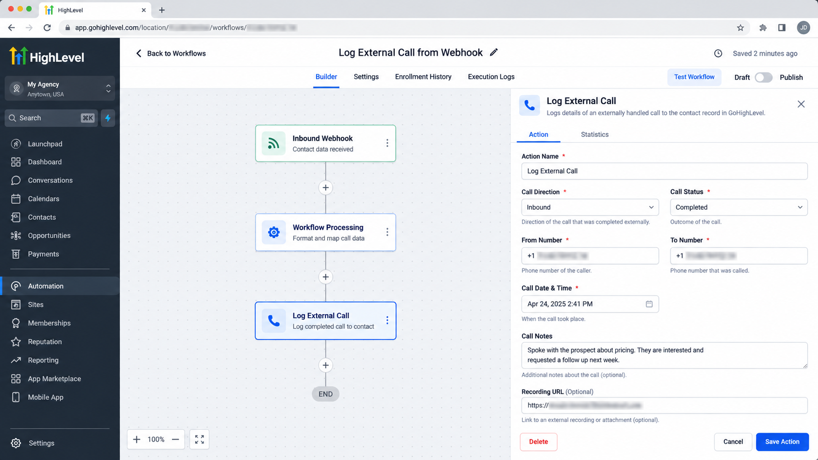 GoHighLevel Workflow Builder displaying the Log External Call action for an external call