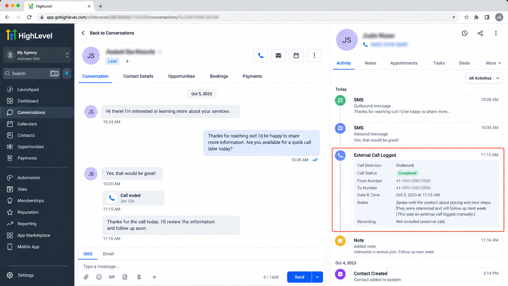 GoHighLevel contact conversation history showing a logged external call