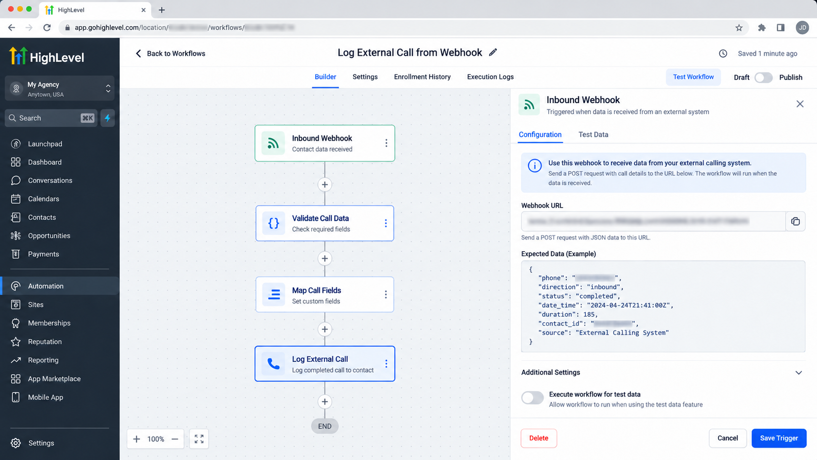GoHighLevel Inbound Webhook External Call Workflow