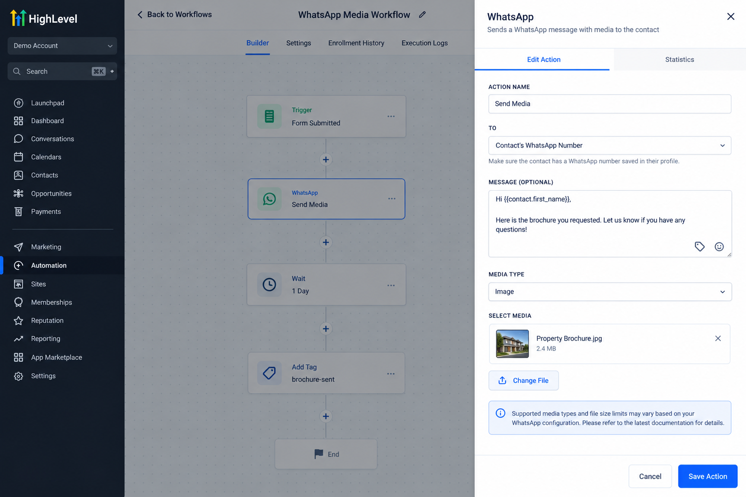 GoHighLevel WhatsApp Media Action settings showing an image selected for an automated WhatsApp workflow GoHighLevel WhatsApp Media Action settings showing an image selected for an automated WhatsApp workflow
