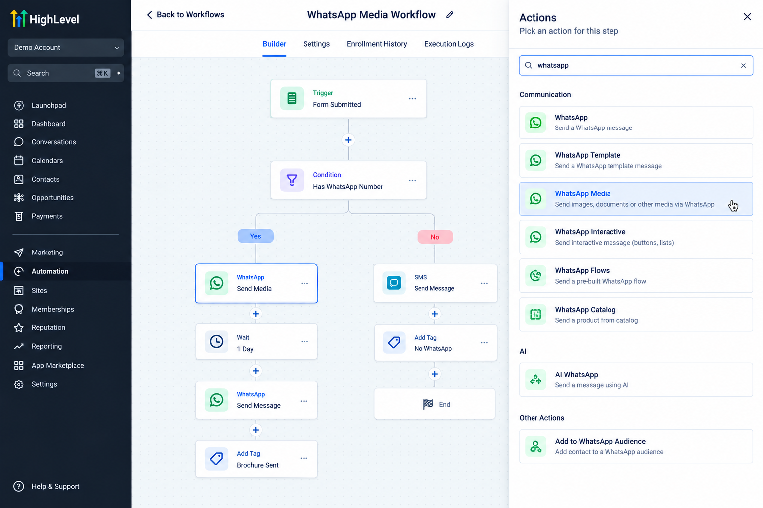 GoHighLevel workflow builder showing the WhatsApp Media Action selected from workflow actions GoHighLevel workflow builder showing the WhatsApp Media Action selected from workflow actions