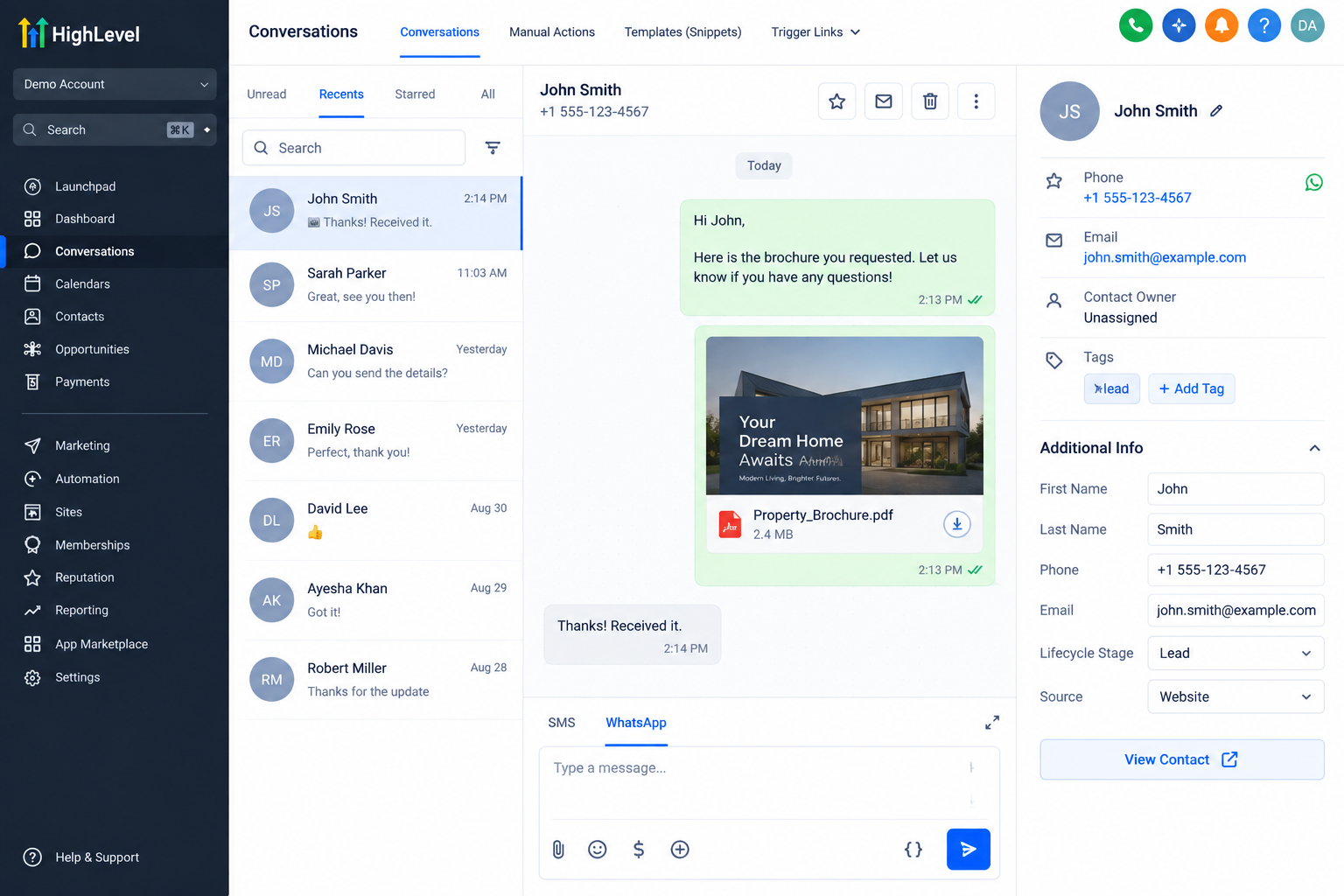 GoHighLevel Conversations showing a property brochure delivered to a lead through WhatsApp GoHighLevel Conversations showing a property brochure delivered to a lead through WhatsApp