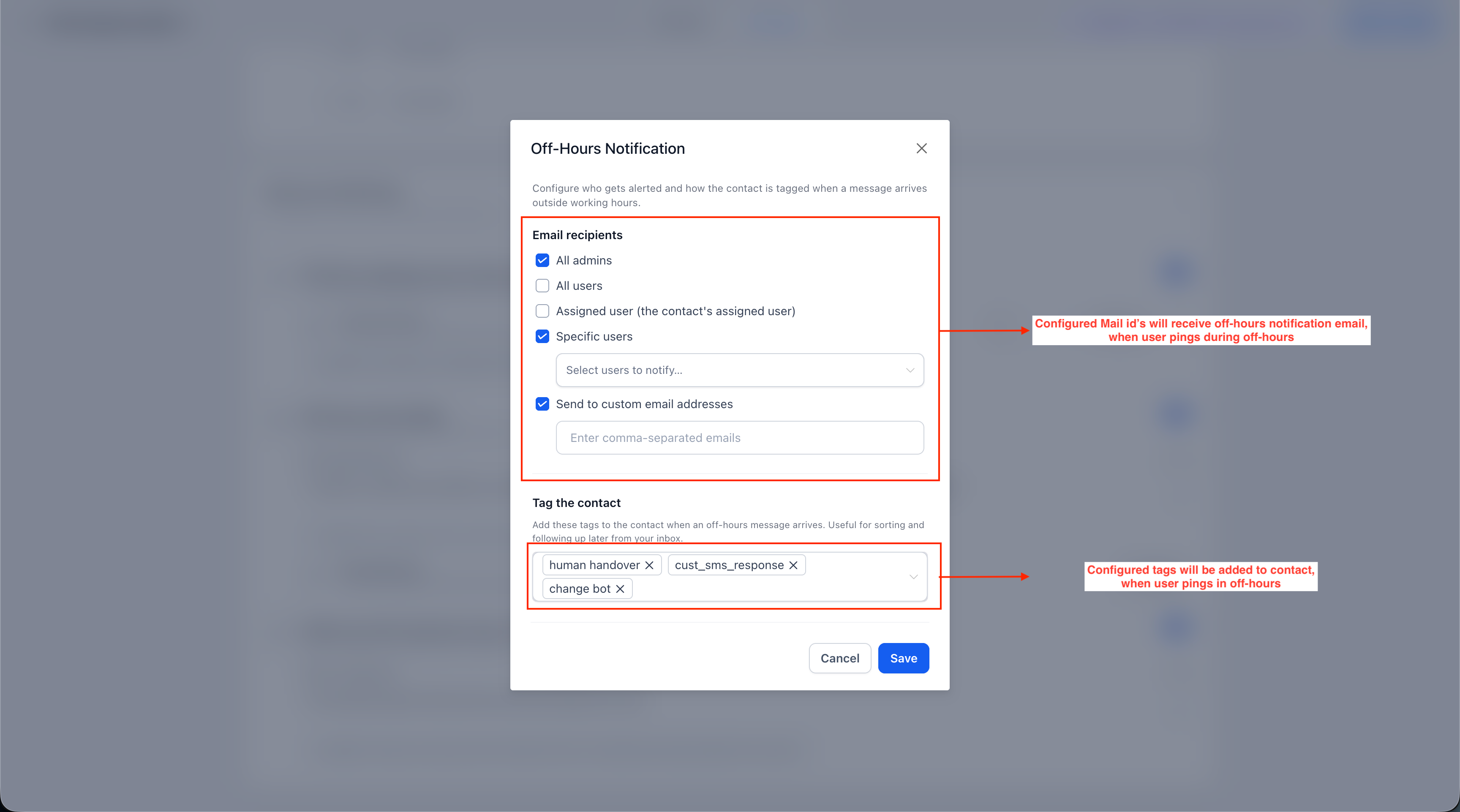 GoHighLevel Off-Hours Notification settings showing email recipients and contact tags
