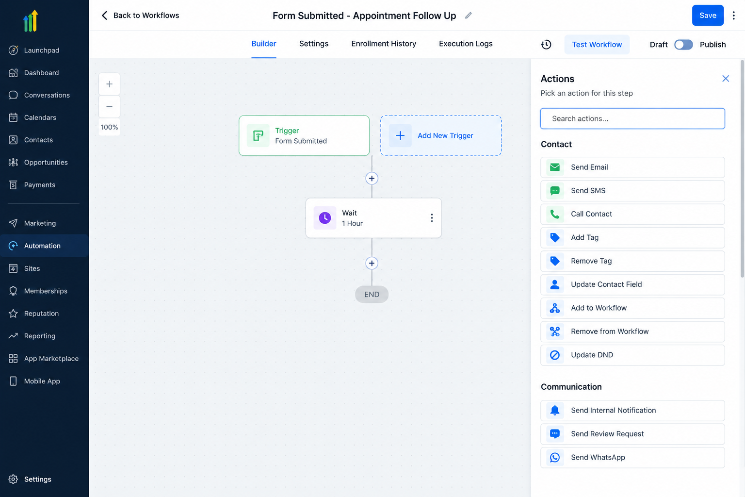 GoHighLevel workflow builder showing a Form Submitted trigger and Wait action before adding If/Else logic