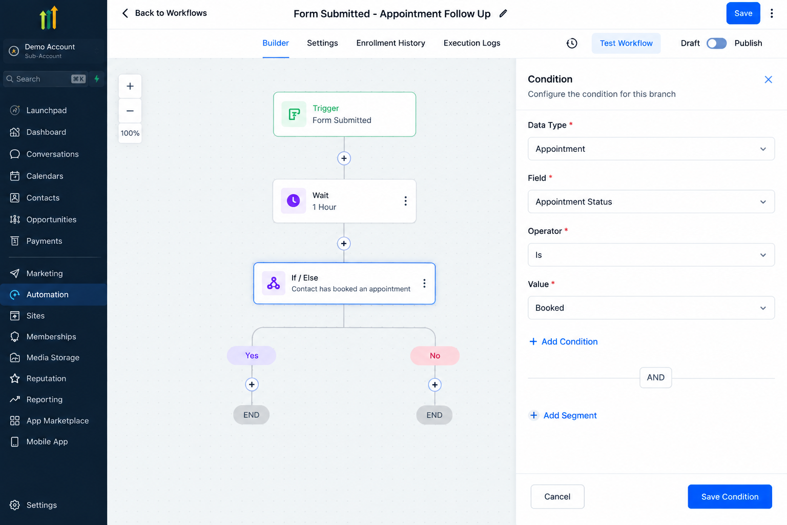 GoHighLevel If/Else condition settings showing Appointment Status set to Booked