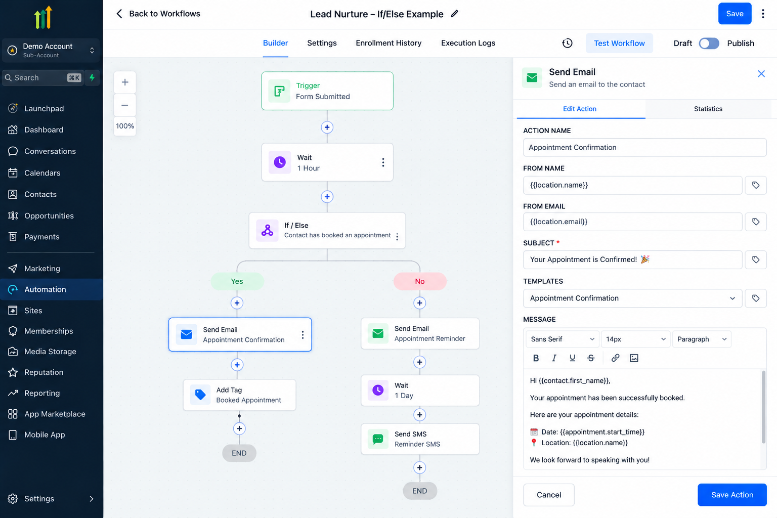 GoHighLevel If/Else workflow routing booked and unbooked leads into different email and SMS follow-up paths