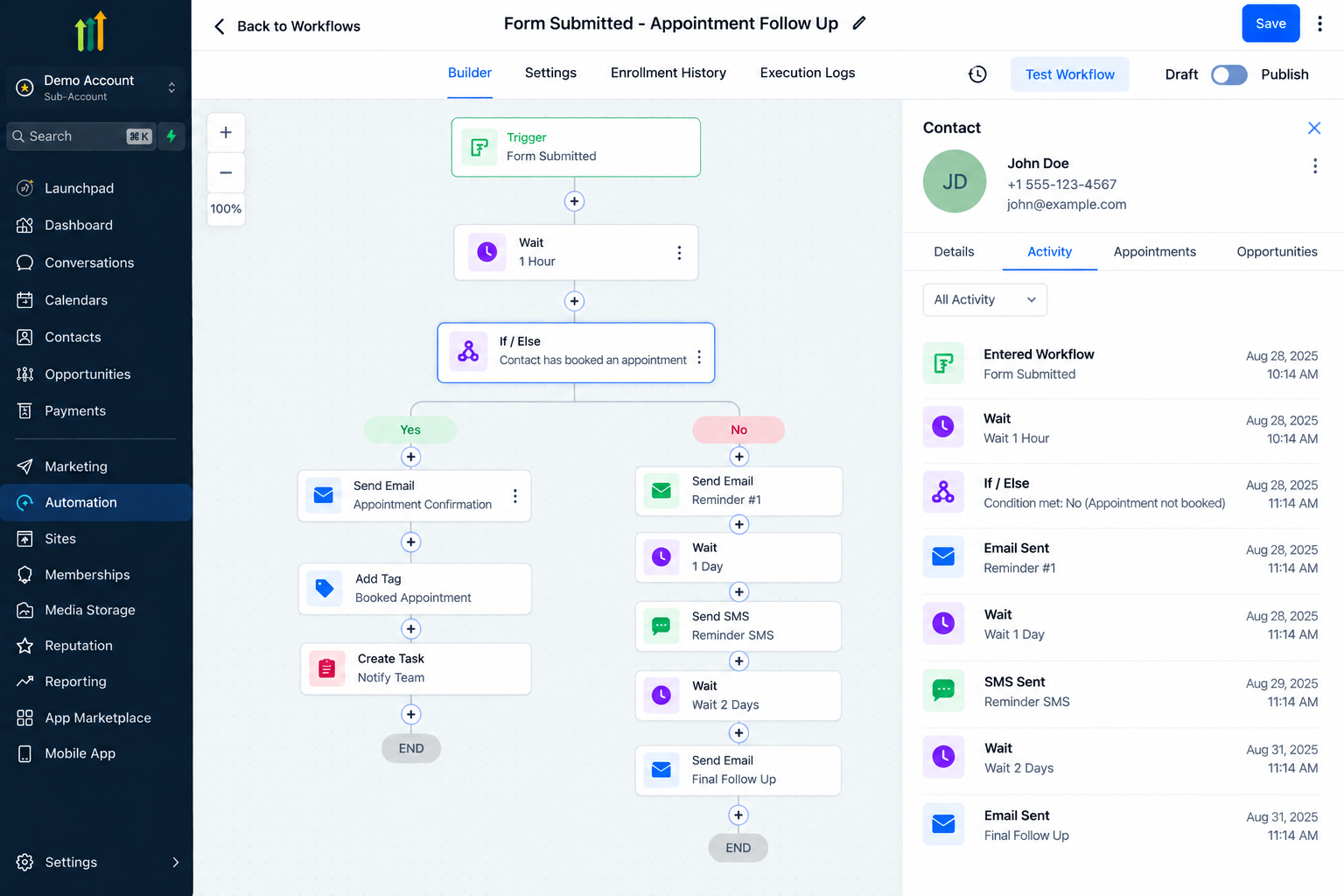 GoHighLevel If/Else workflow showing contact activity and the path taken when an appointment is not booked