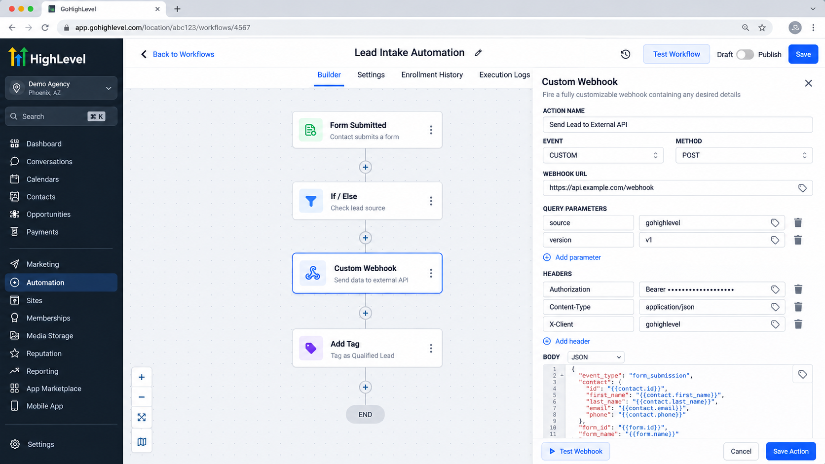 GoHighLevel Custom Webhook configuration showing POST method, webhook URL, headers, query parameters, and JSON body