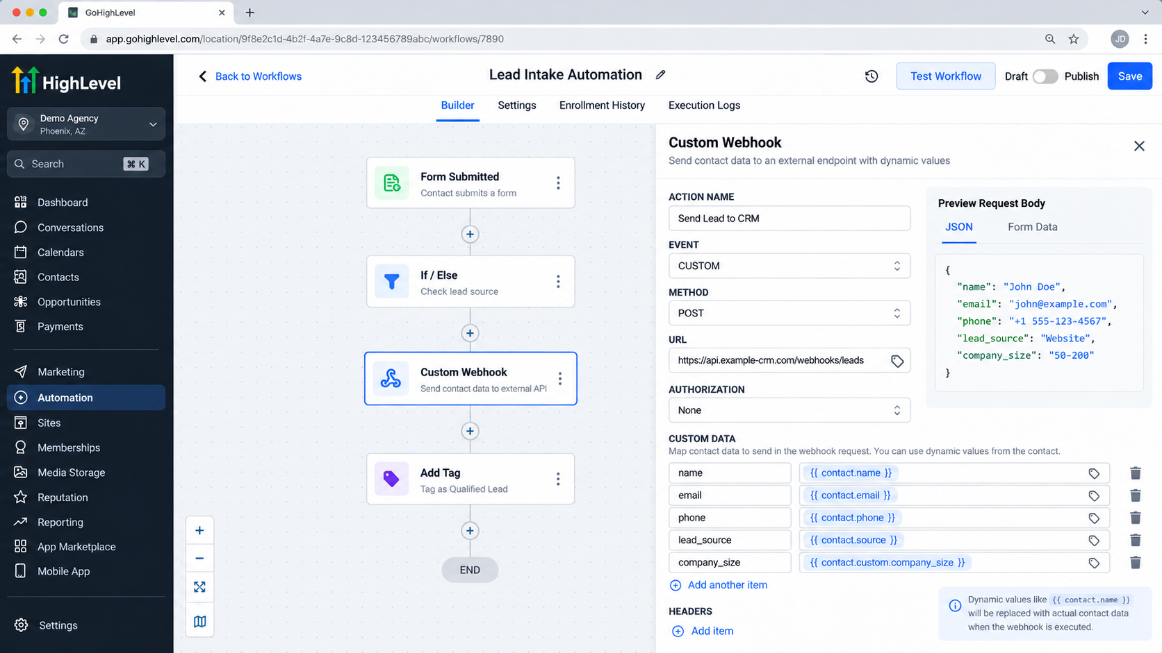 GoHighLevel Custom Webhook mapping dynamic contact name, email, phone, lead source, and custom field values