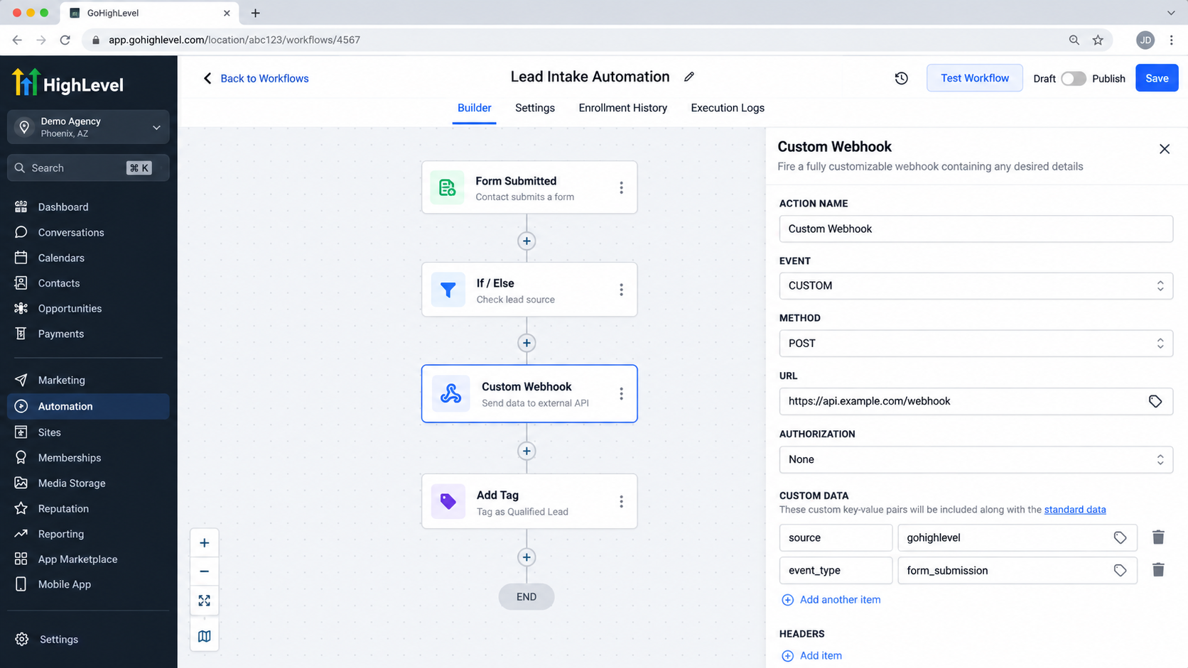 GoHighLevel workflow showing a Custom Webhook action between lead qualification and the next automation step