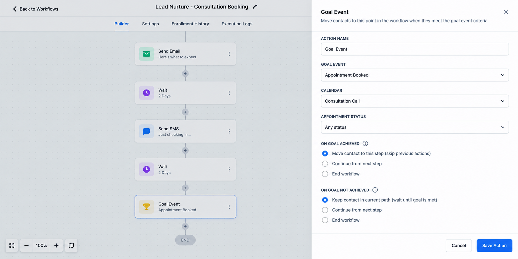 GoHighLevel Goal Event action configured for an appointment milestone in a lead nurture workflow