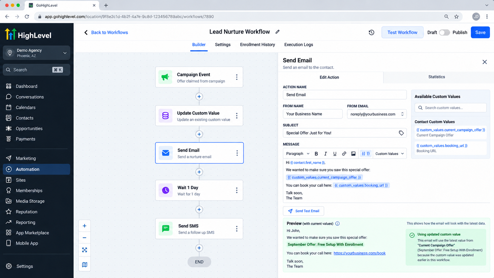 GoHighLevel workflow showing an updated Current Campaign Offer Custom Value referenced inside a later email action GoHighLevel workflow showing an updated Current Campaign Offer Custom Value referenced inside a later email action