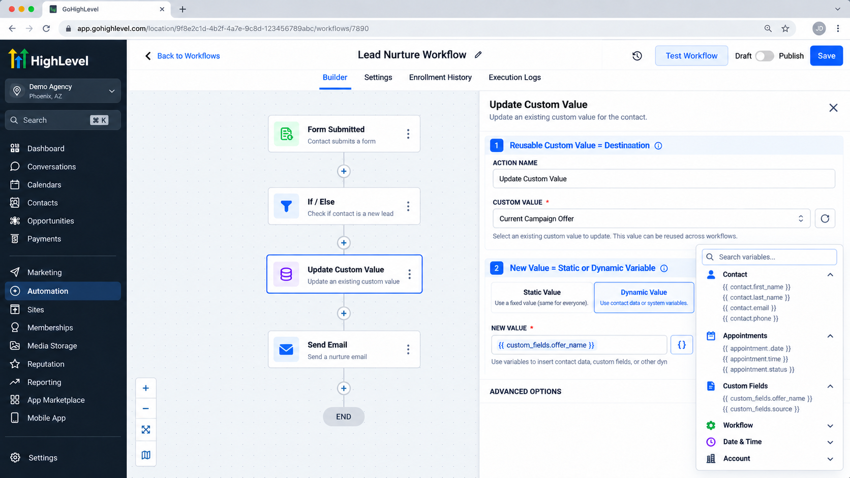 GoHighLevel Update Custom Value action showing static and dynamic value options with the dynamic variable picker open GoHighLevel Update Custom Value action showing static and dynamic value options with the dynamic variable picker open