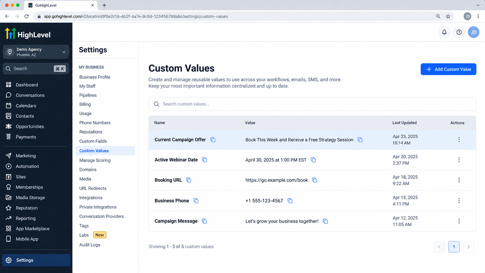GoHighLevel Custom Values settings showing Current Campaign Offer, webinar date, booking URL, business phone, and campaign message GoHighLevel Custom Values settings showing Current Campaign Offer, webinar date, booking URL, business phone, and campaign message