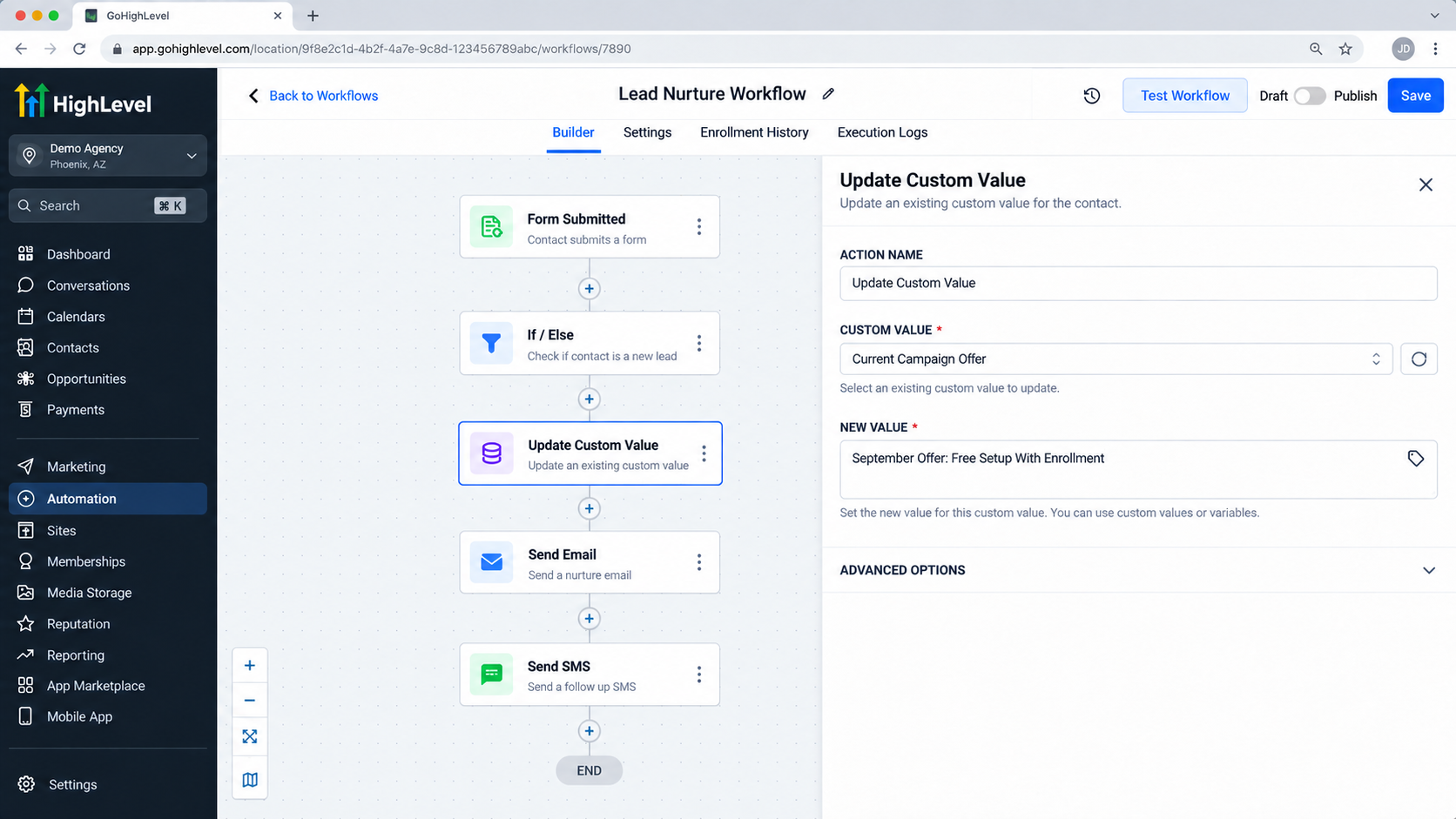 GoHighLevel Workflow Builder with Update Custom Value action selected and Current Campaign Offer being updated GoHighLevel Workflow Builder with Update Custom Value action selected and Current Campaign Offer being updated