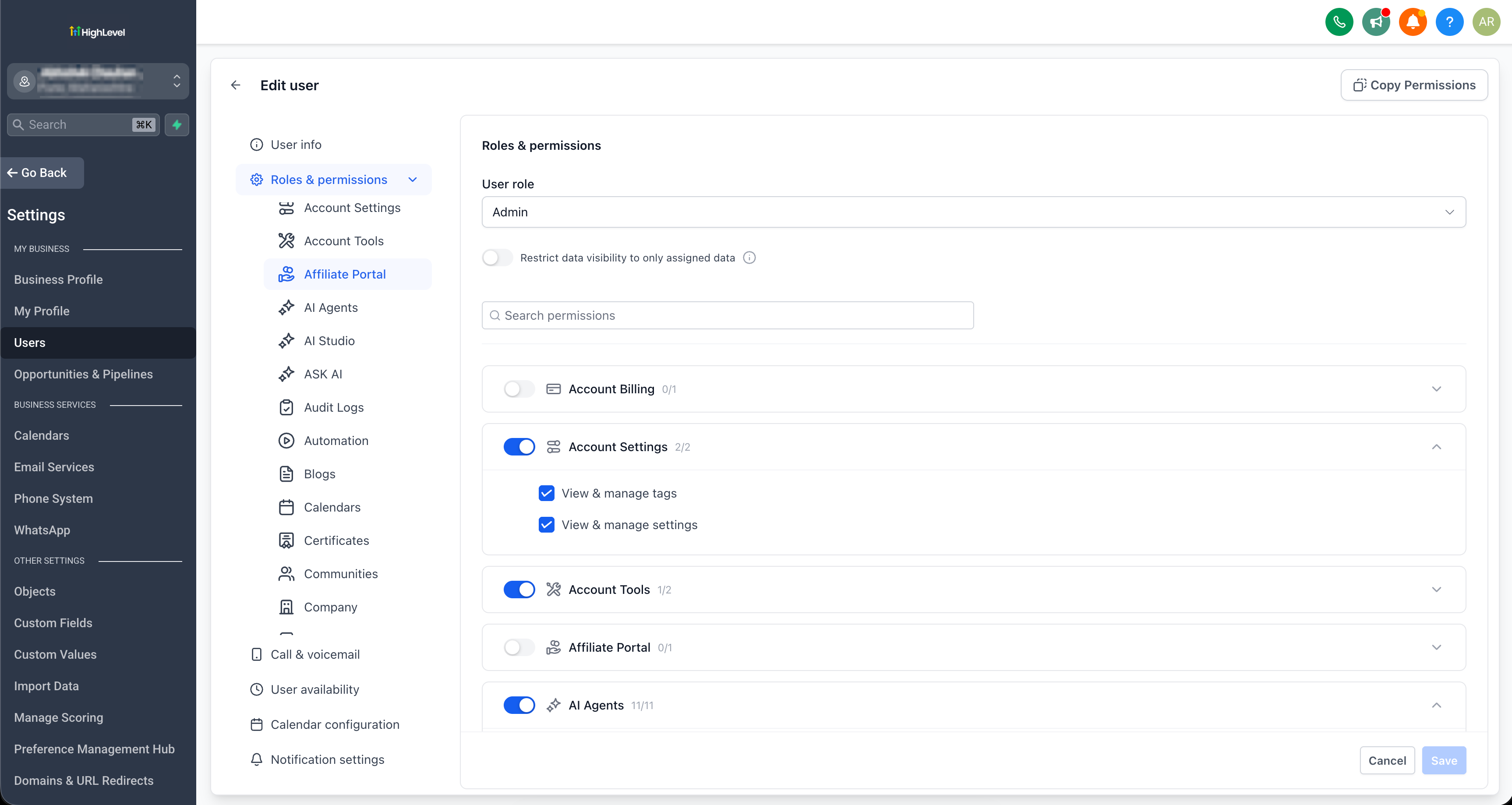 GoHighLevel refreshed Roles and Permissions interface with permission modules and settings GoHighLevel refreshed Roles and Permissions interface with permission modules and settings