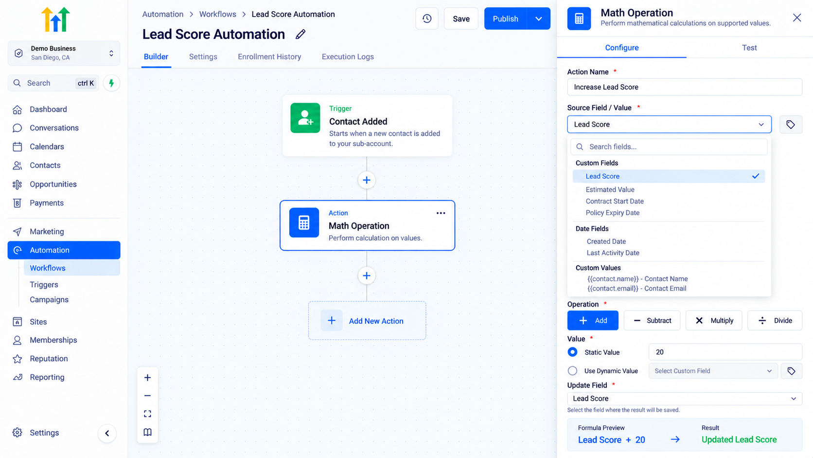 Math Operation action configuration in workflow builder Math Operation action configuration in workflow builder