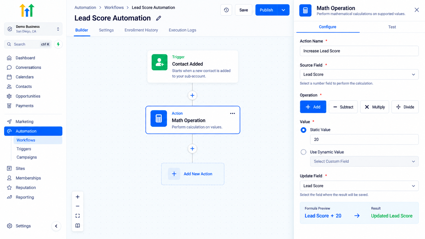Math Operation action setup for lead score updates Math Operation action setup for lead score updates