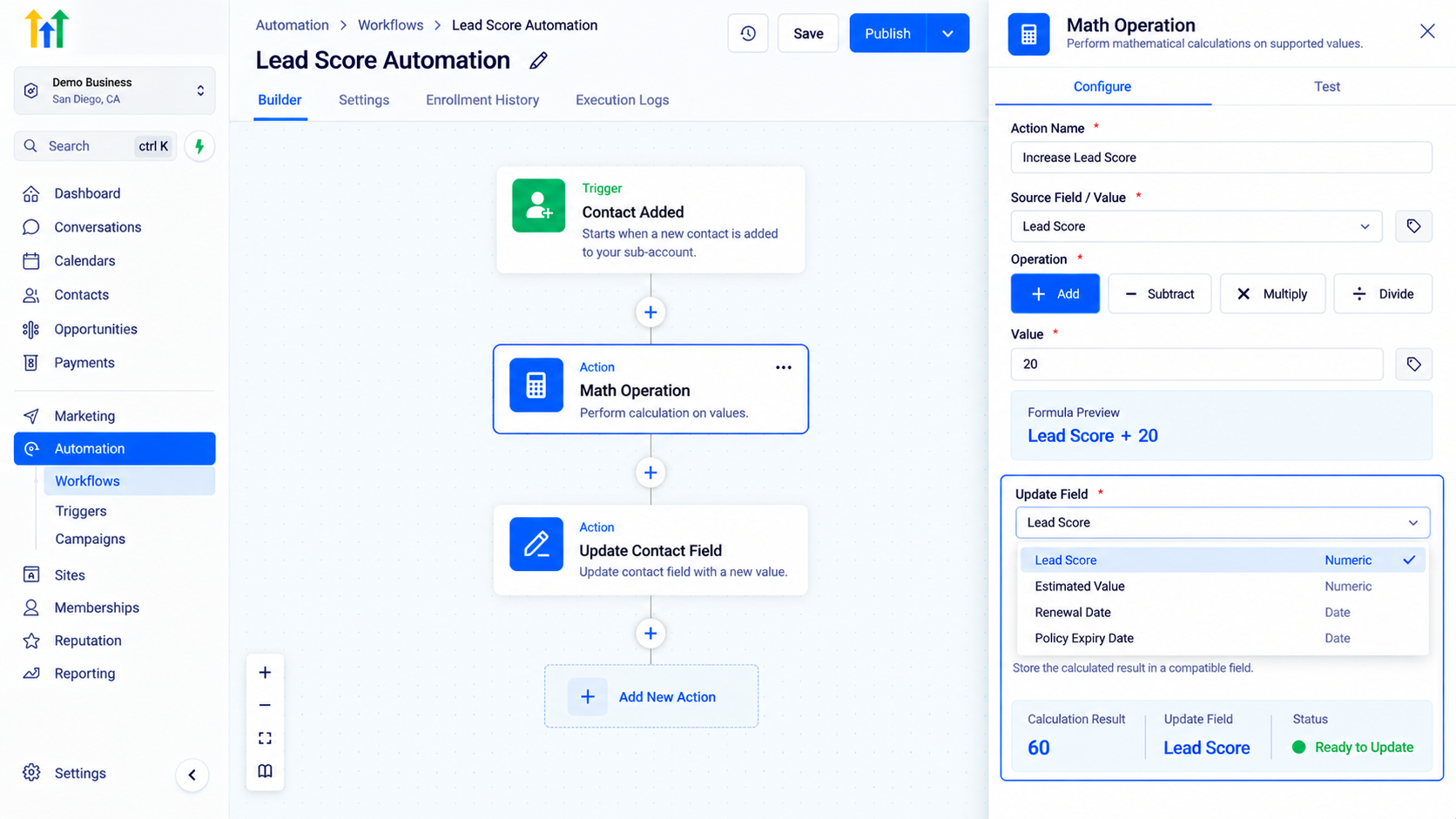 GoHighLevel workflow builder showing Math Operation calculation results and field updating GoHighLevel workflow builder showing Math Operation calculation results and field updating