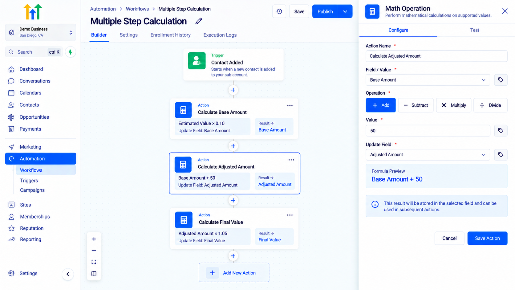 Workflow builder showing Multiple Step Calculation with math operations Workflow builder showing Multiple Step Calculation with math operations