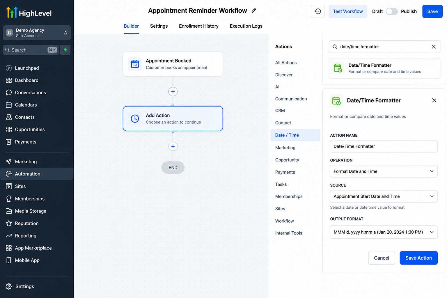 GoHighLevel Date/Time Formatter Action in the Workflow Builder