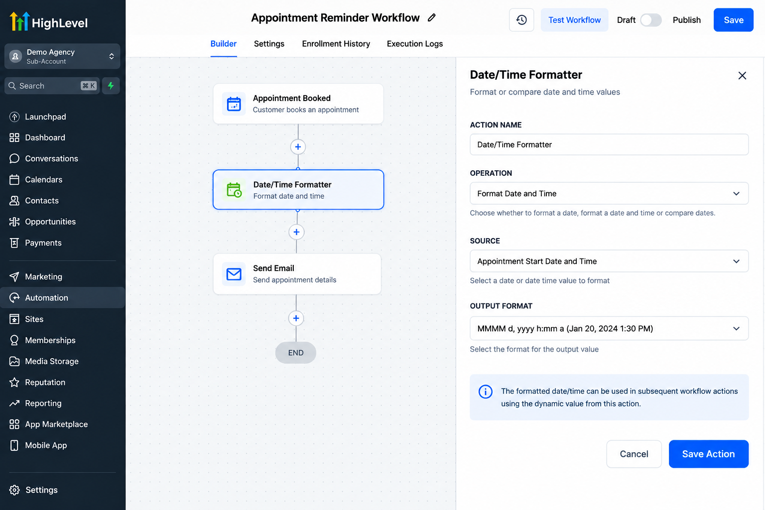 GoHighLevel Date/Time Formatter settings for appointment date and time