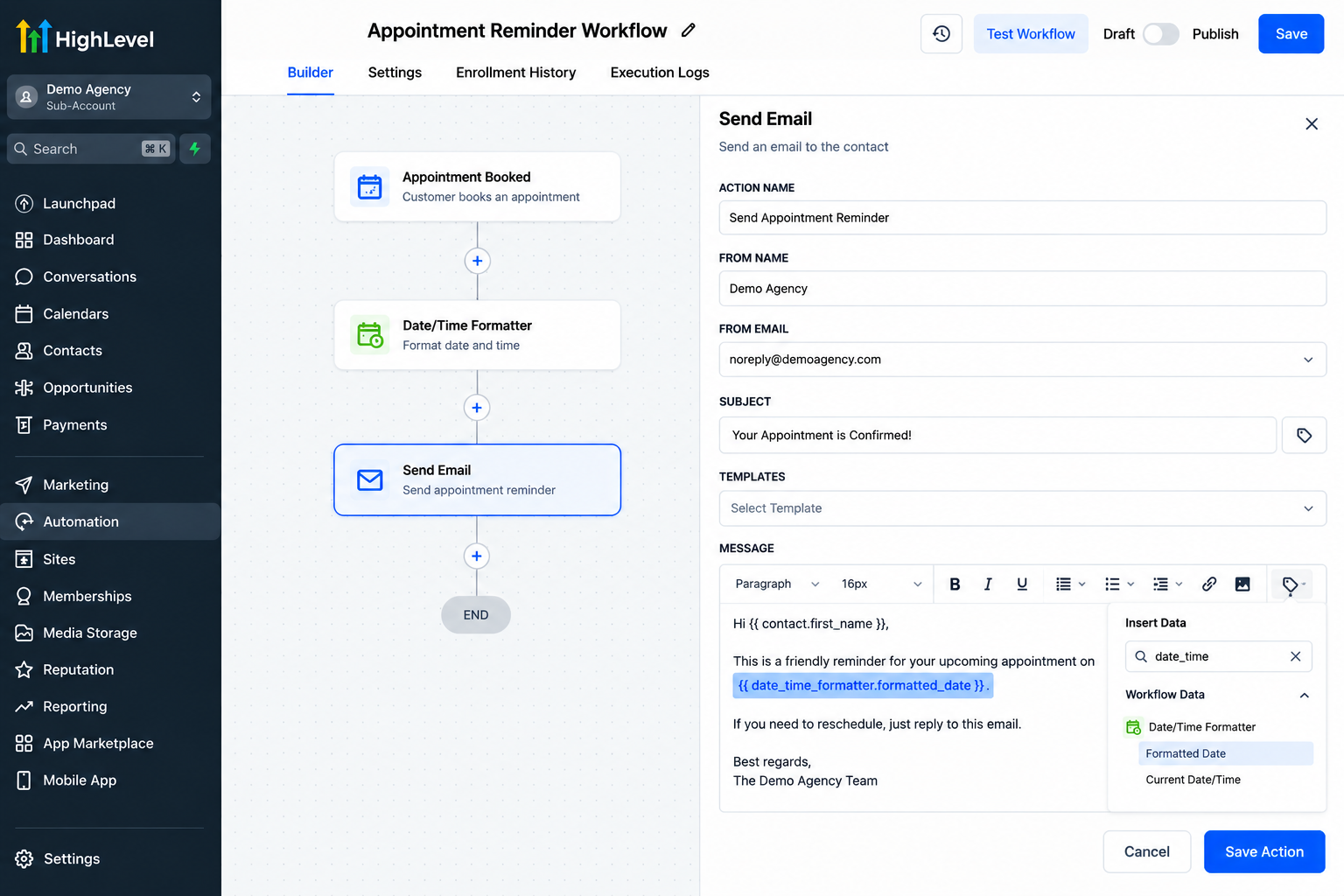 Using Date/Time Formatter output in a GoHighLevel appointment reminder email