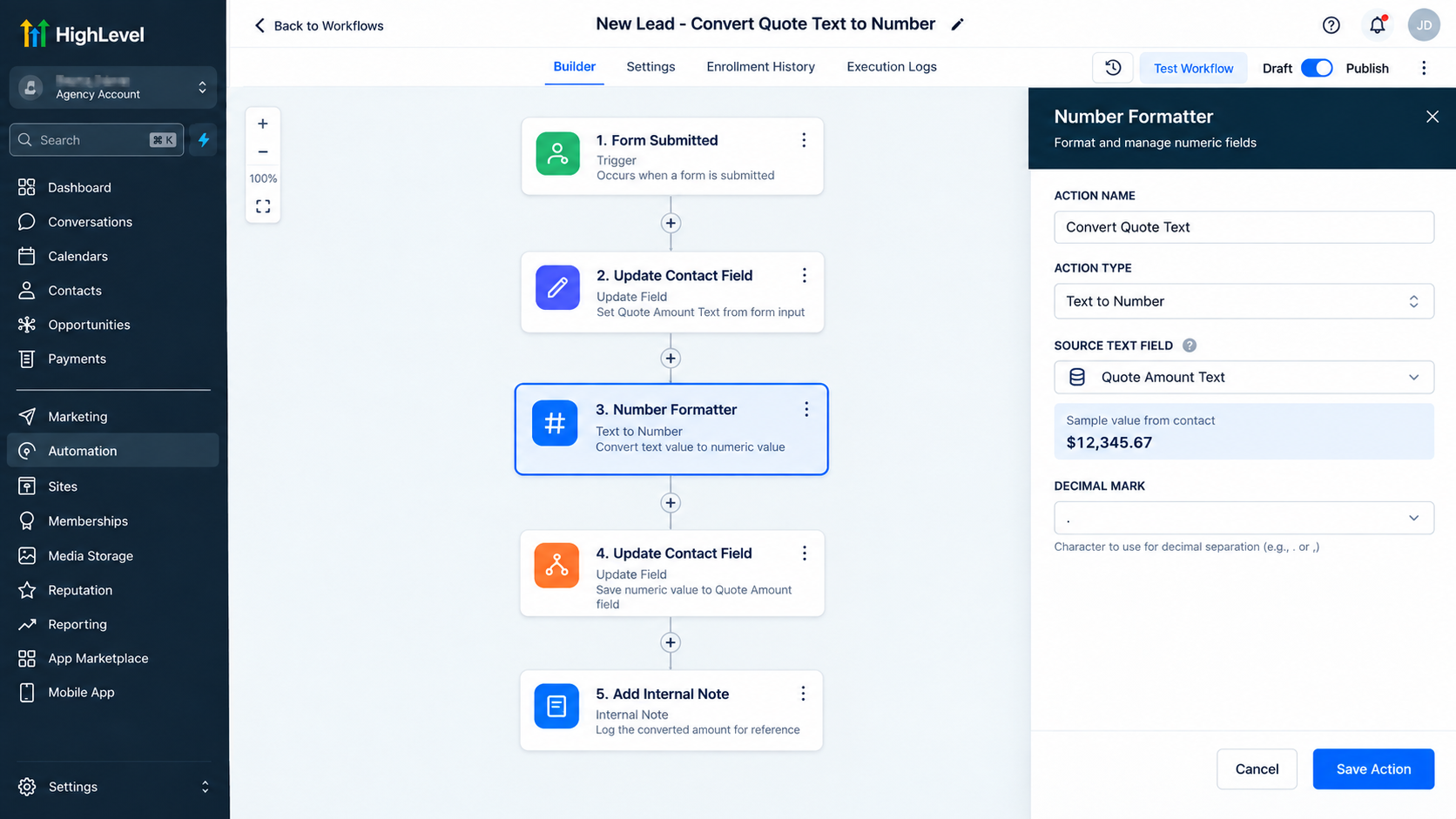 GoHighLevel Number Formatter Text to Number action converting a monetary text value