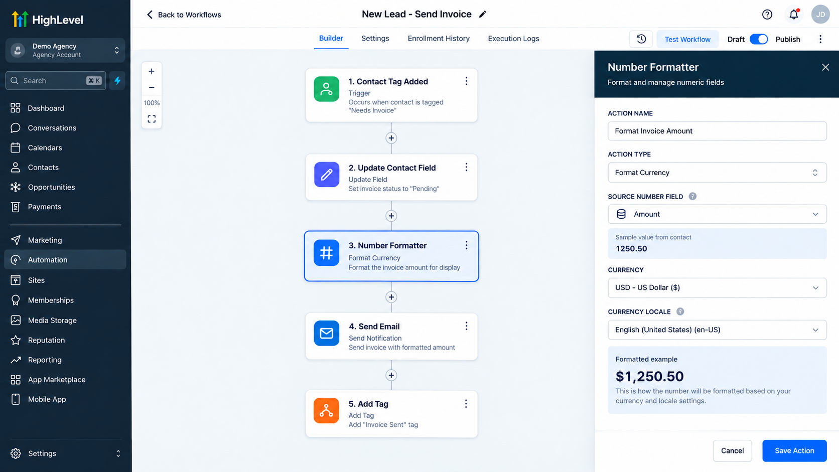 GoHighLevel Format Currency Number Formatter action with USD and currency locale settings