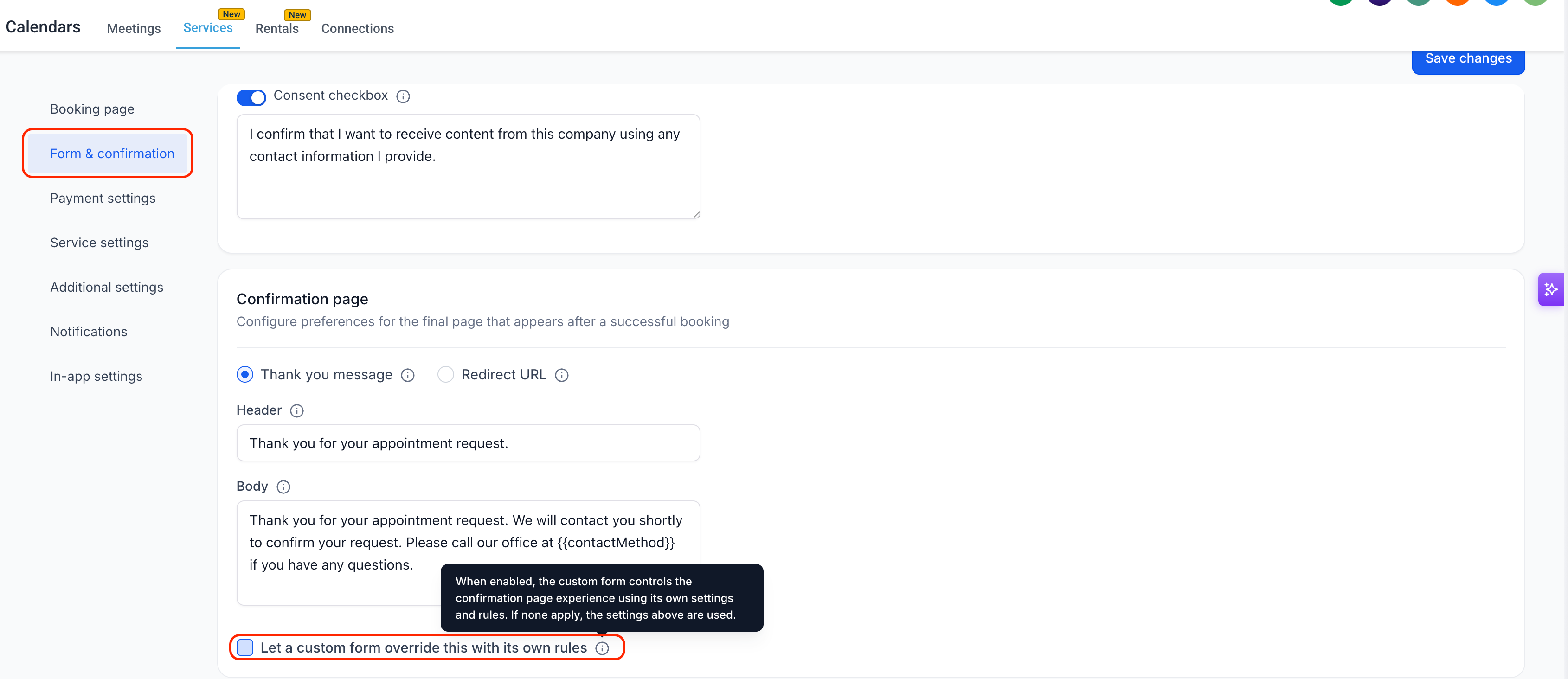 GoHighLevel Global Settings Form & confirmation page with custom form override enabled