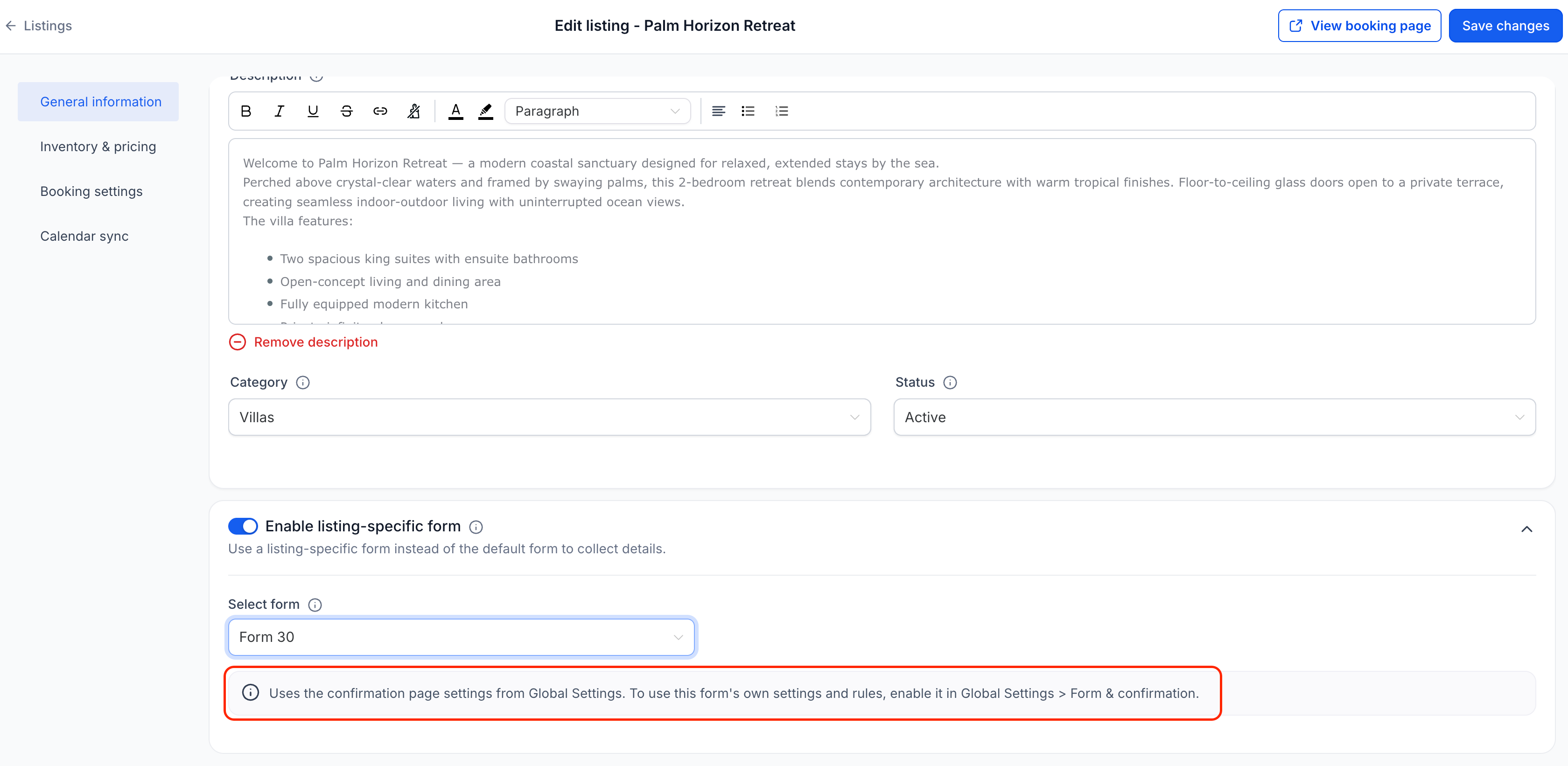 GoHighLevel listing settings showing a listing-specific form and Global Settings confirmation notice